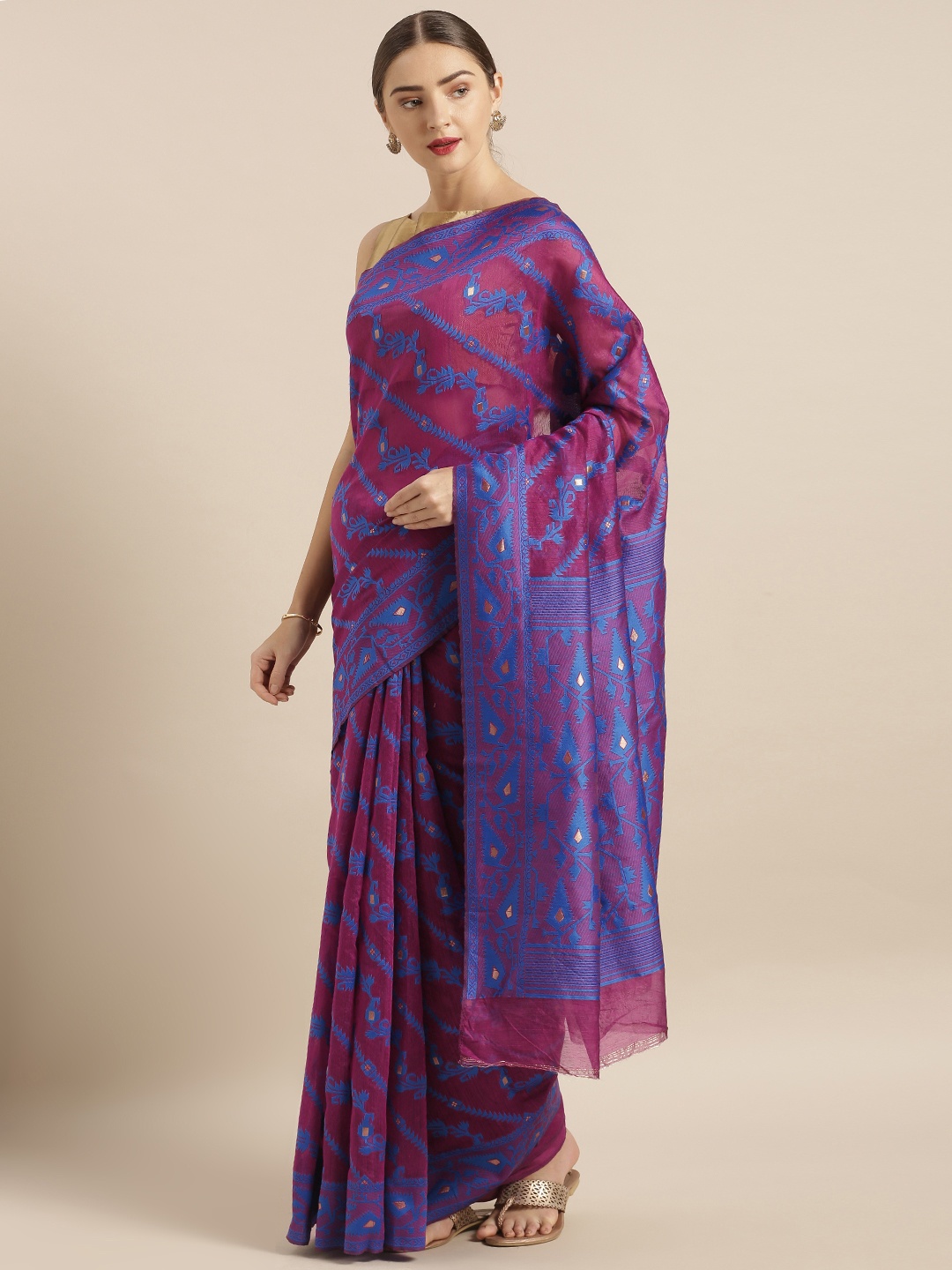 

VASTRANAND Burgundy & Blue Silk Cotton Woven Design Jamdani Saree
