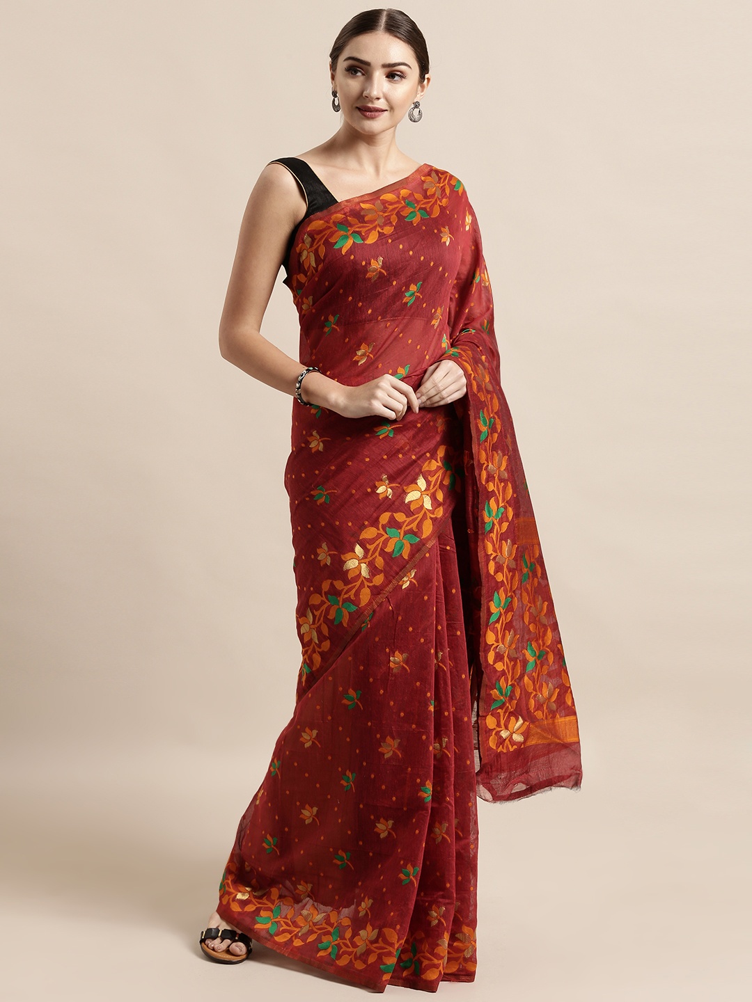 

VASTRANAND Maroon Silk Cotton Woven Design Jamdani Saree