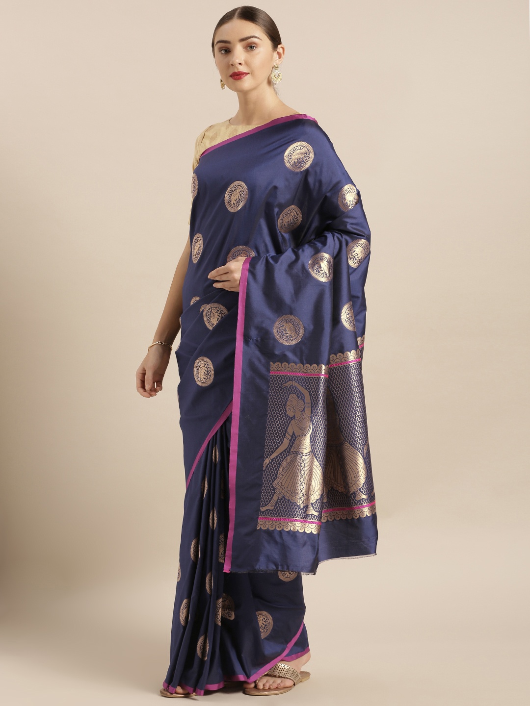 

VASTRANAND Navy Blue & Gold-Toned Silk Blend Woven Design Banarasi Saree