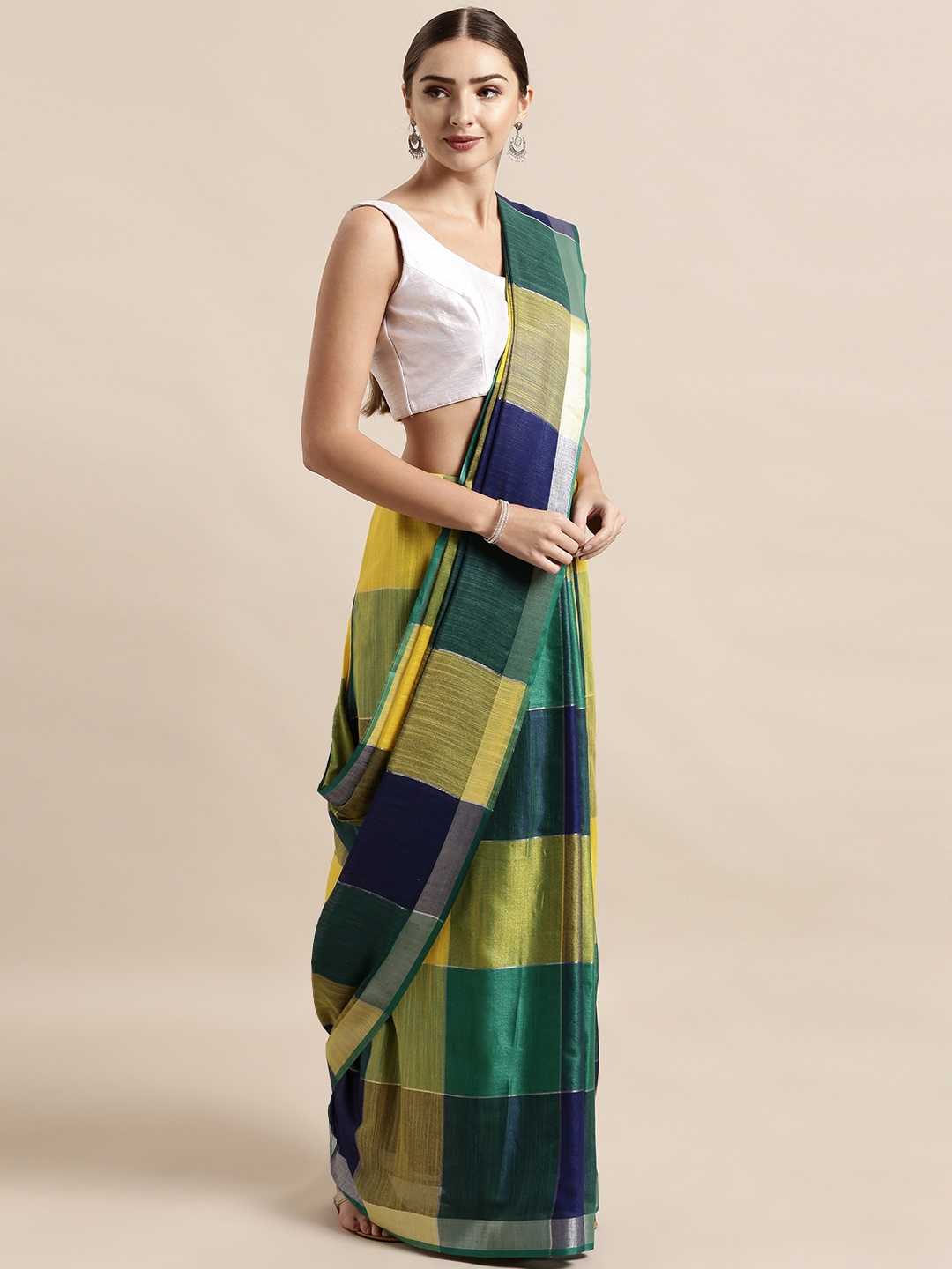 

VASTRANAND Green & Yellow Linen Blend Checked Saree