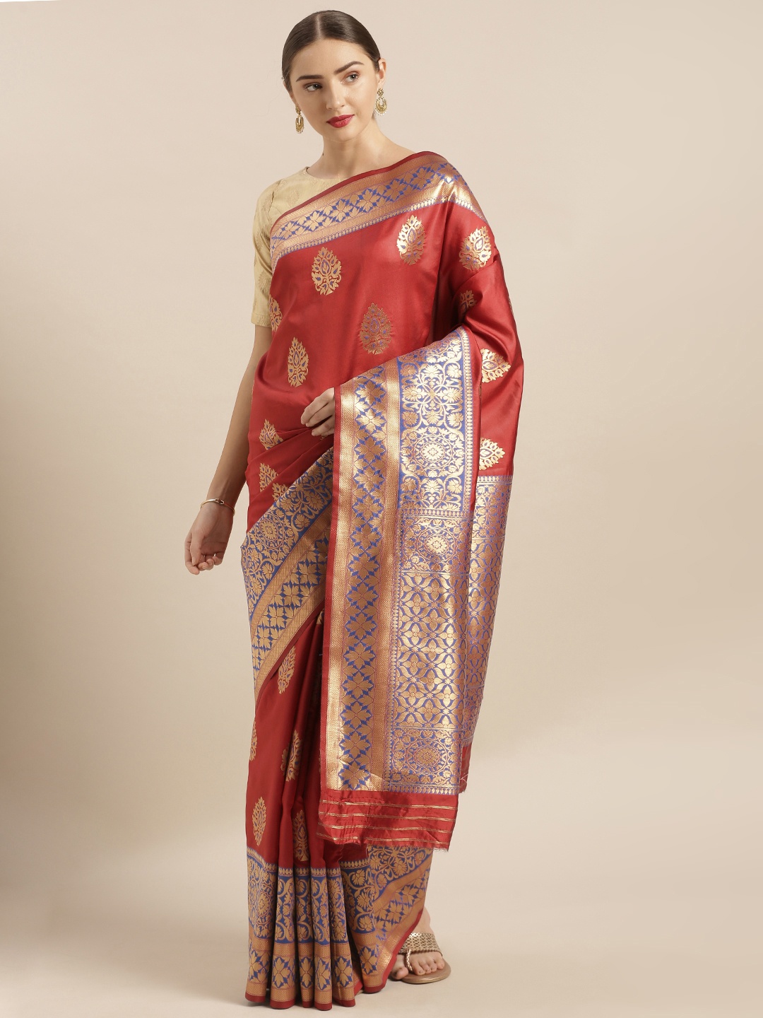 

VASTRANAND Red & Gold-Toned Silk Blend Woven Design Banarasi Saree