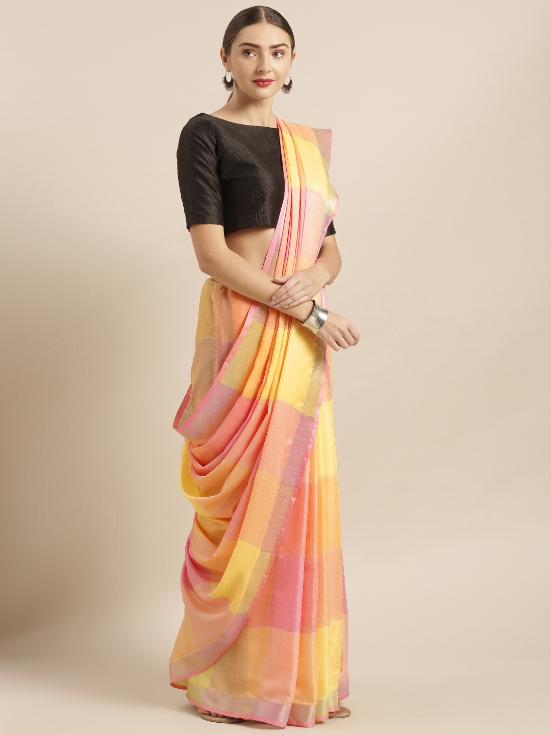 

VASTRANAND Yellow & Pink Linen Blend Checked Saree