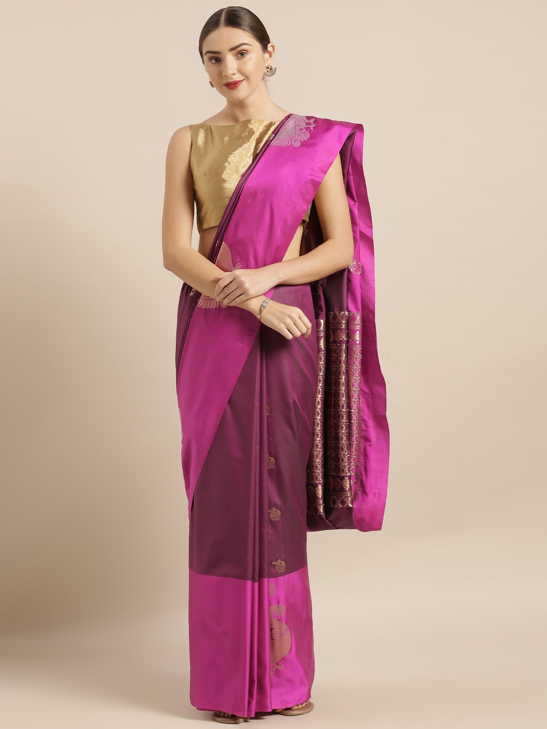 

VASTRANAND Burgundy & Pink Silk Blend Colourblocked Kanjeevaram Saree