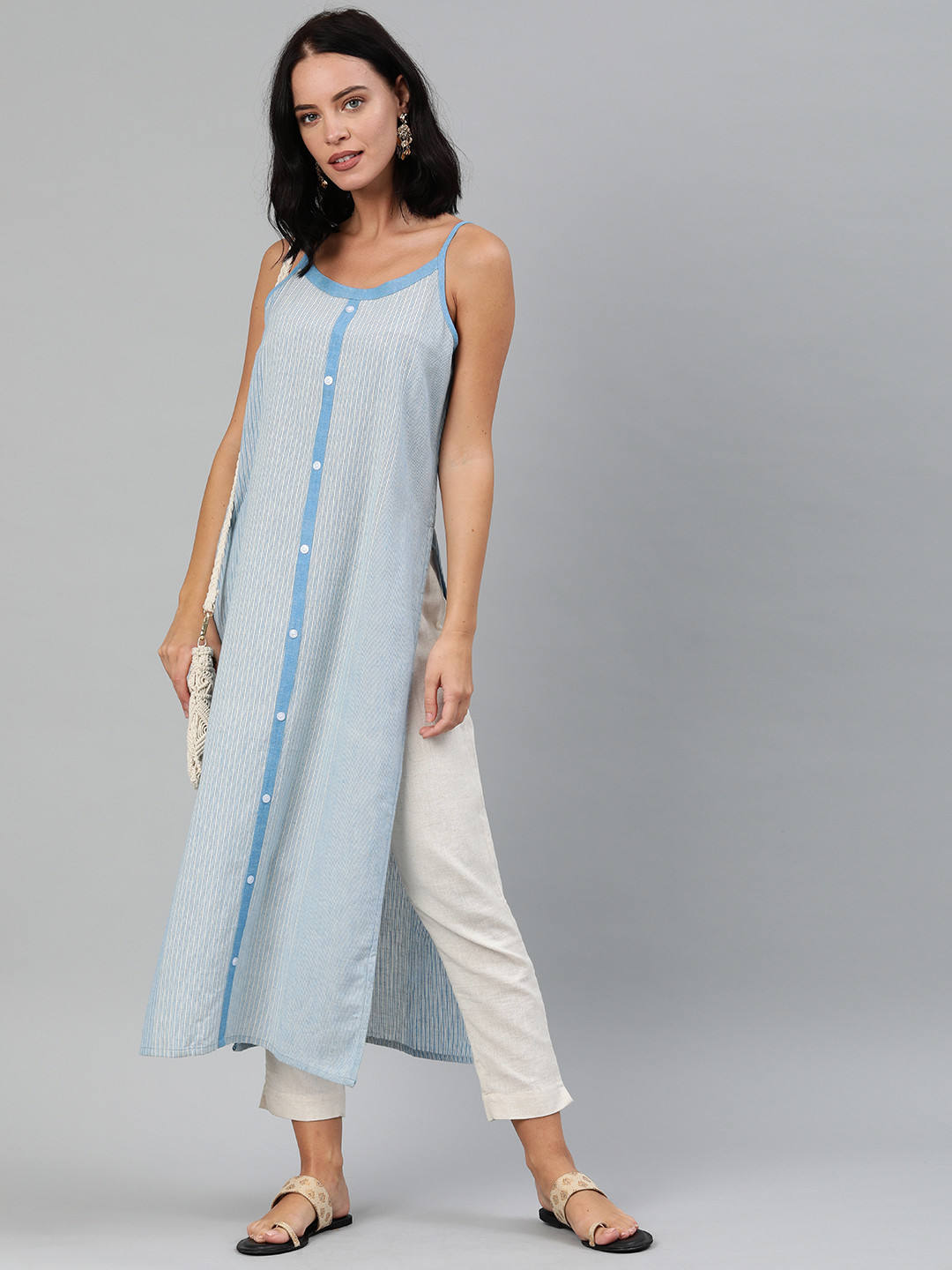 

Anouk Women White & Blue Striped Straight Kurta