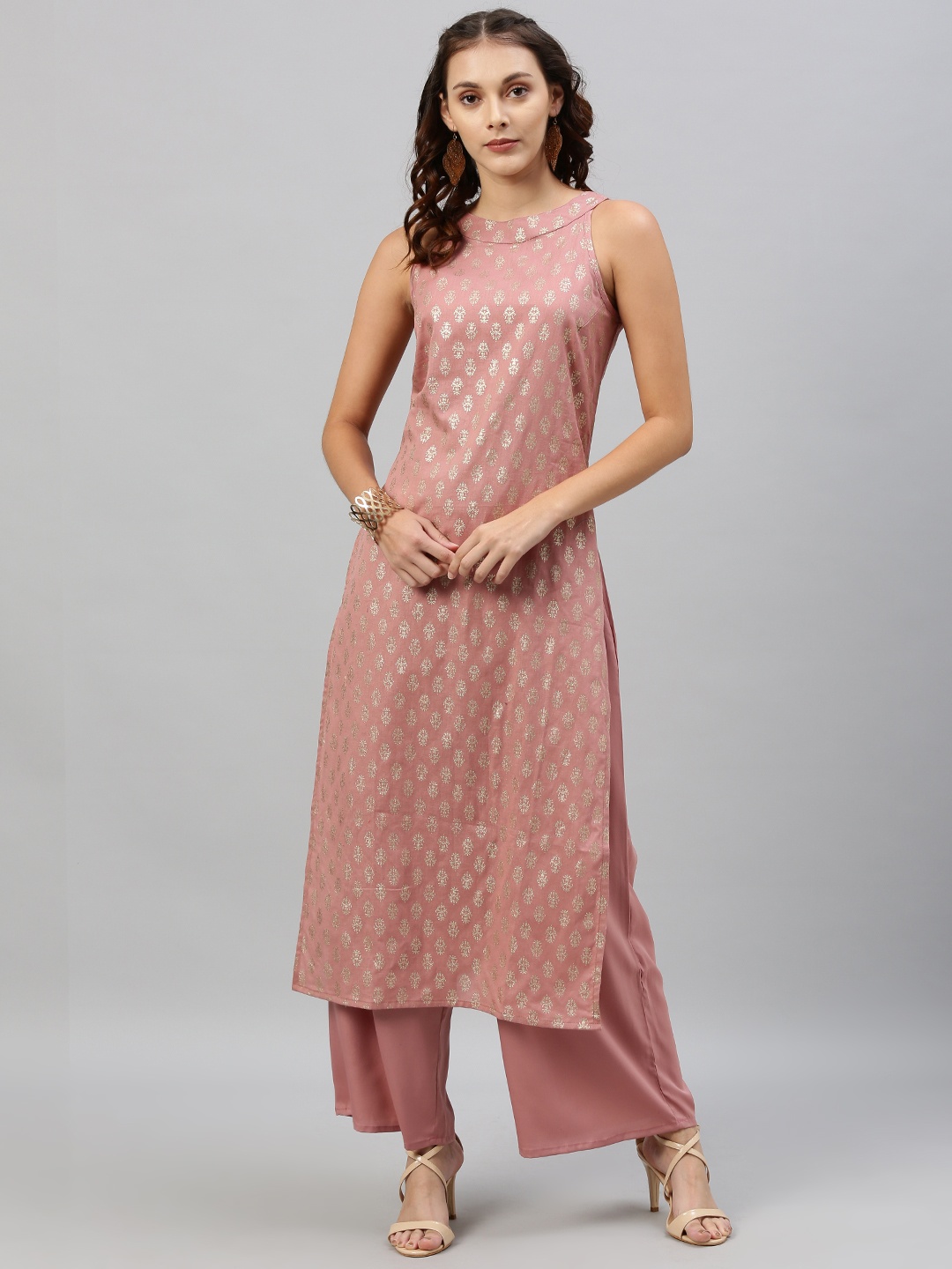 Anouk Women Pink & Gold-Toned Printed Kurta with Palazzos