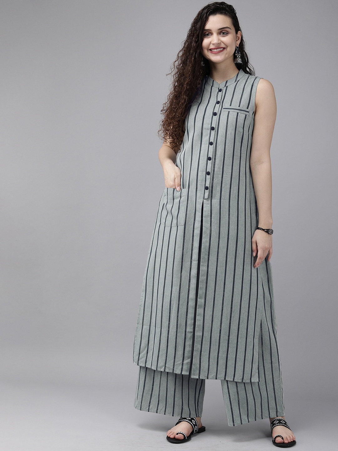 

Anouk Women Grey & Navy Blue Striped Kurta with Palazzos
