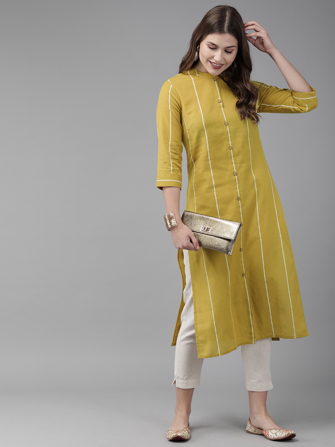 

Anouk Women Green & White Striped Straight Kurta
