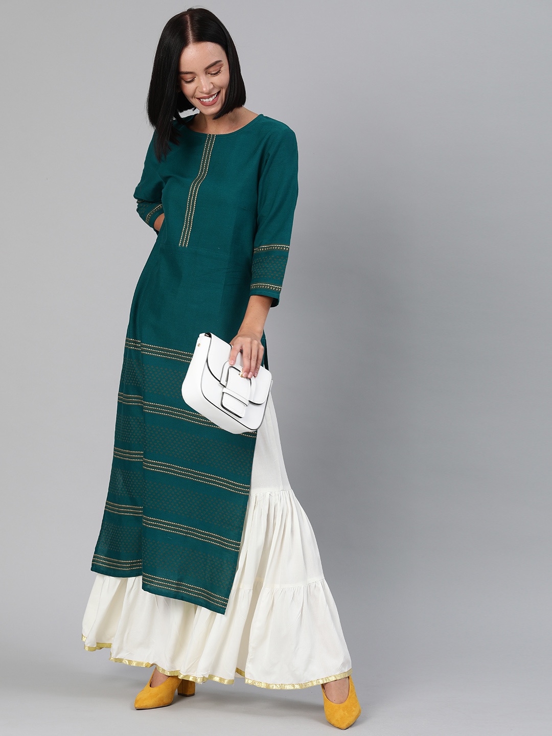 

Anouk Women Teal Green & Gold-Toned Foil Printed Straight Kurta