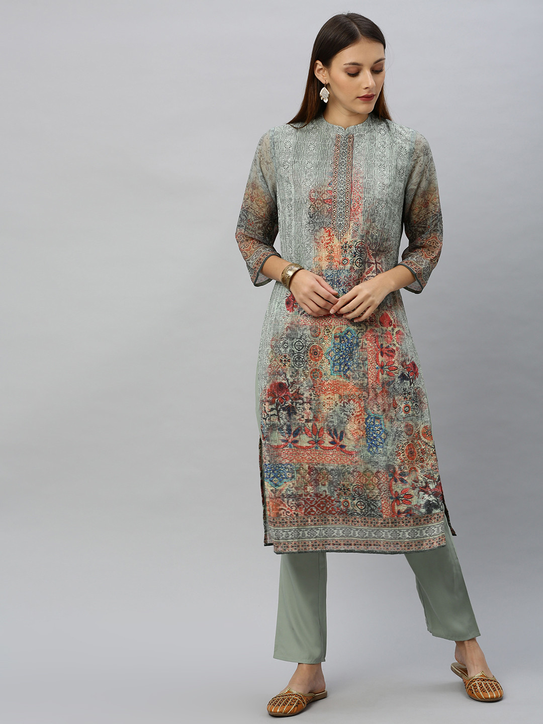 

Anouk Women Grey & Red Embroidered Kurta with Trousers