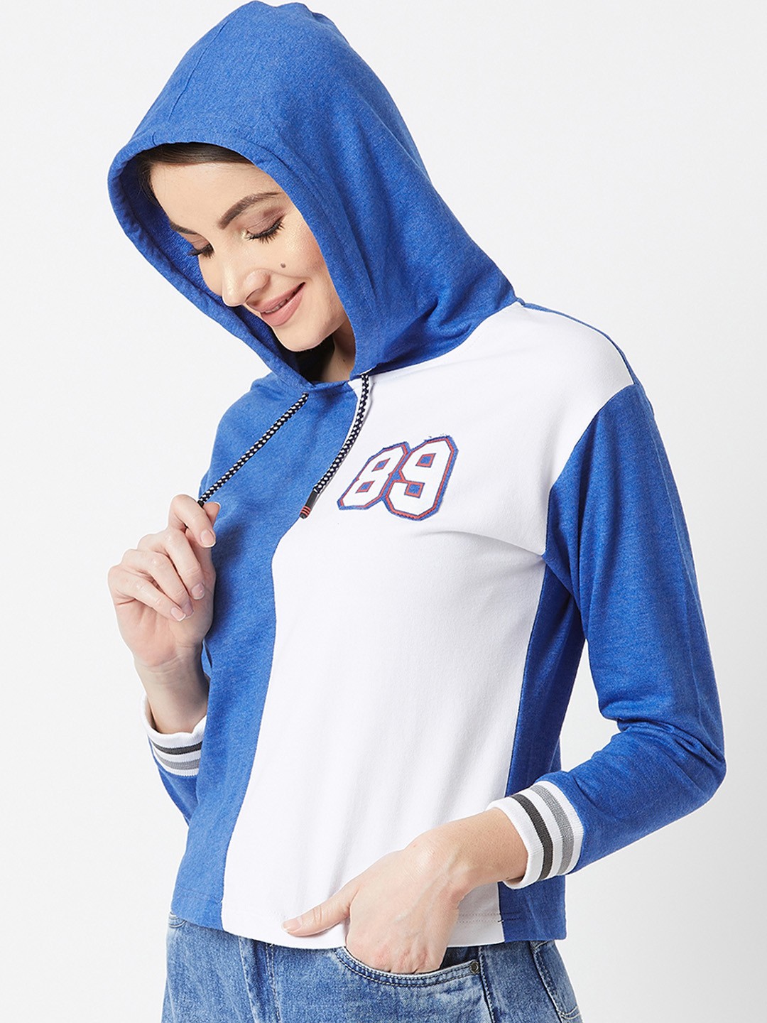 

Miss Chase Women Blue & White Colourblocked Hooded Sweatshirt