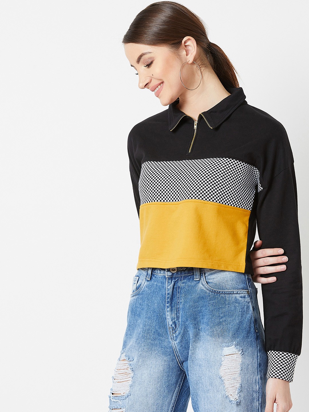 

Miss Chase Women Black & Yellow Colourblocked Cropped Sweatshirt