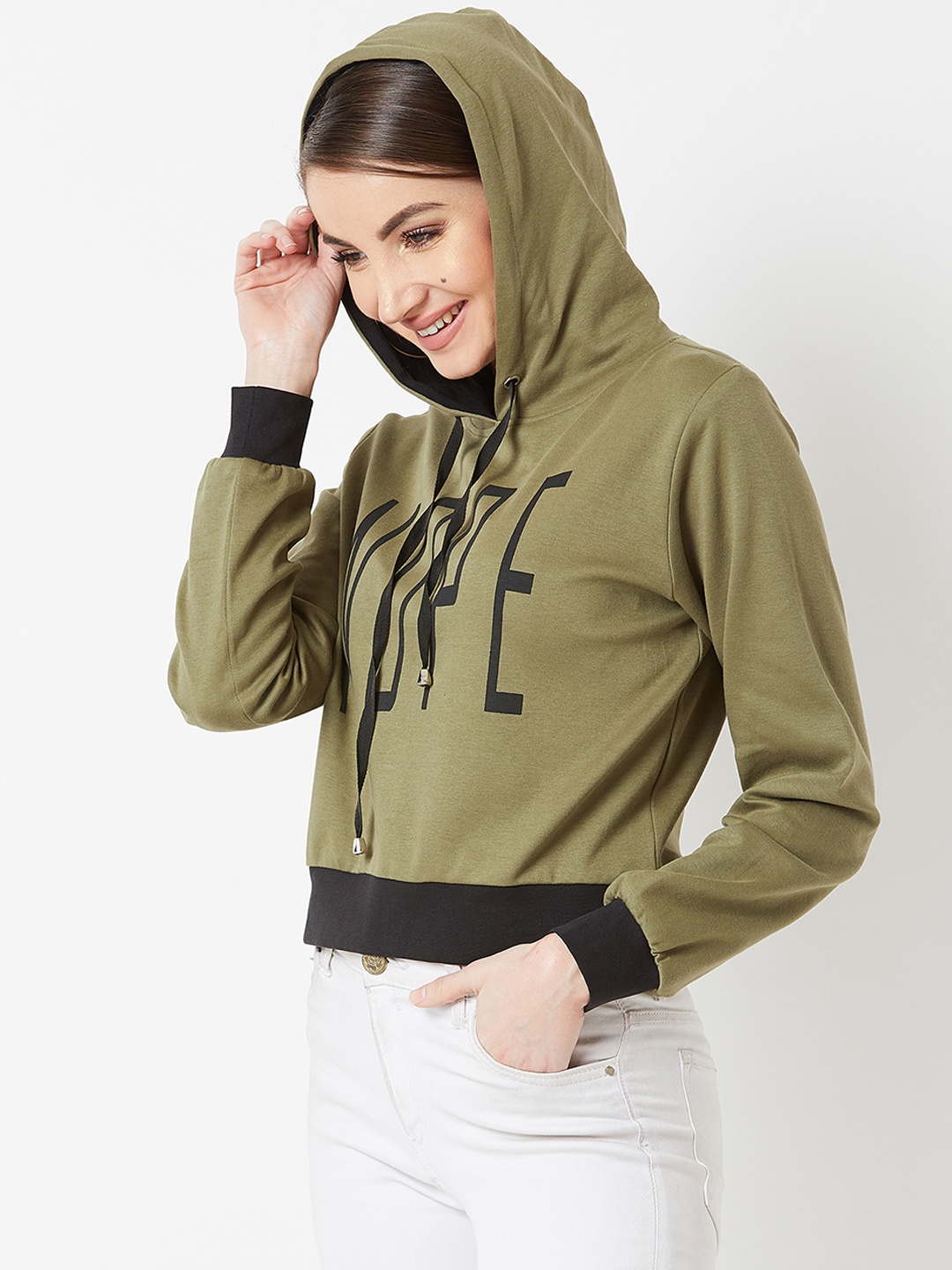 

Miss Chase Women Olive Green Printed Hooded Sweatshirt