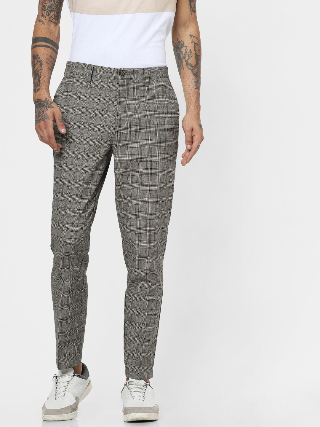 

Jack & Jones Men Grey & Beige Slim Fit Checked Regular Trousers