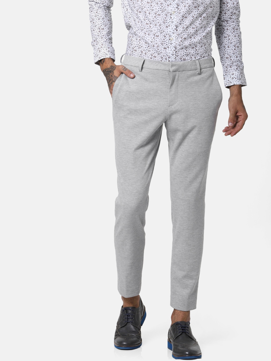 

Jack & Jones Men Grey Melange Slim Fit Solid Regular Trousers