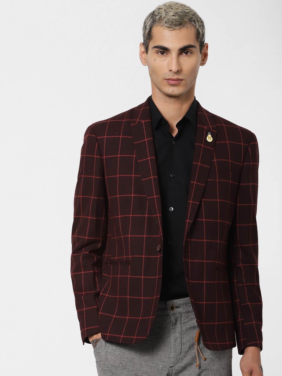 

Jack & Jones Men Maroon Checked Slim Fit Single-Breasted Blazer
