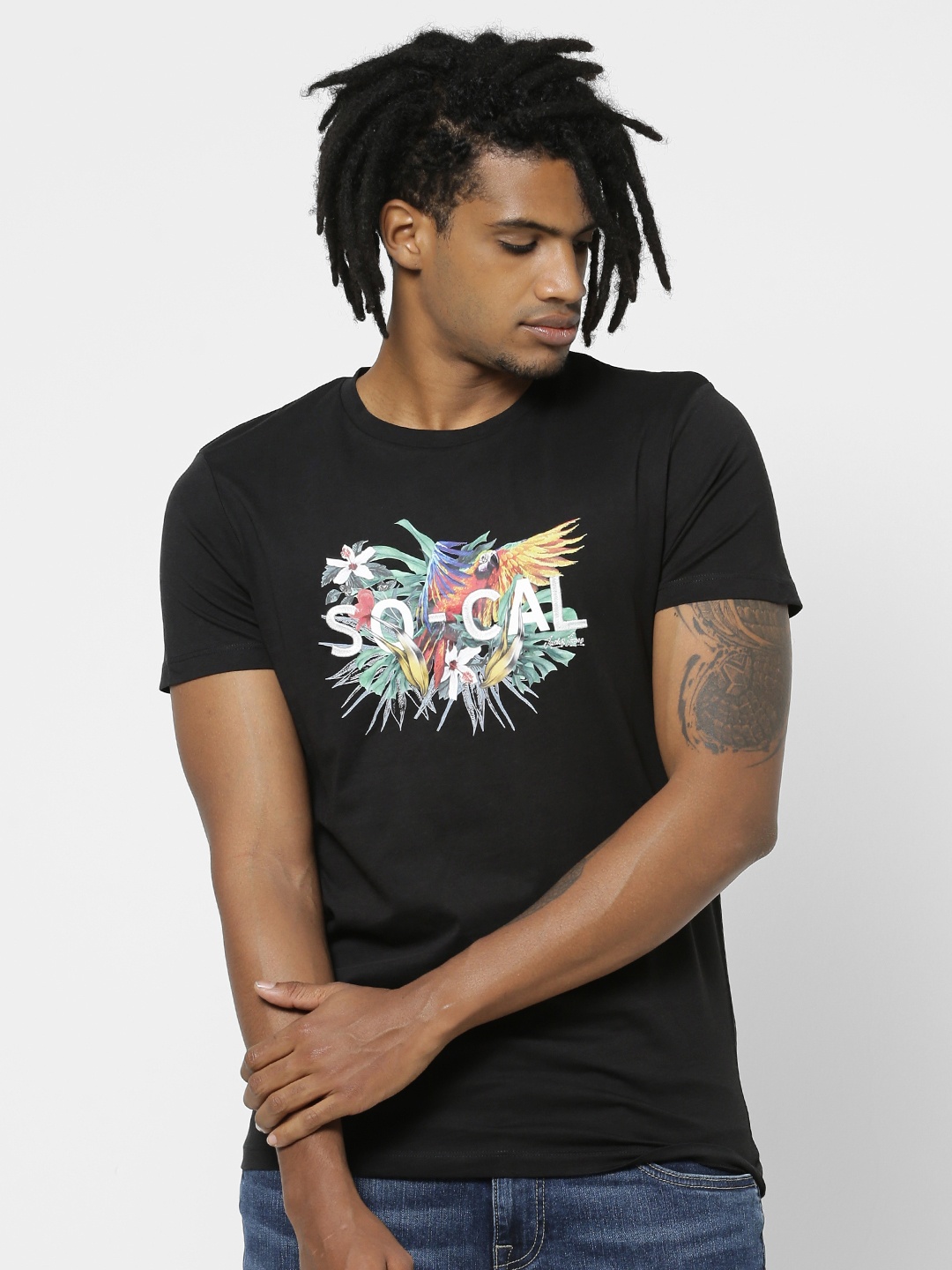 

Jack Jones Men Black Printed Round Neck Sustainable Pure Cotton T-shirt