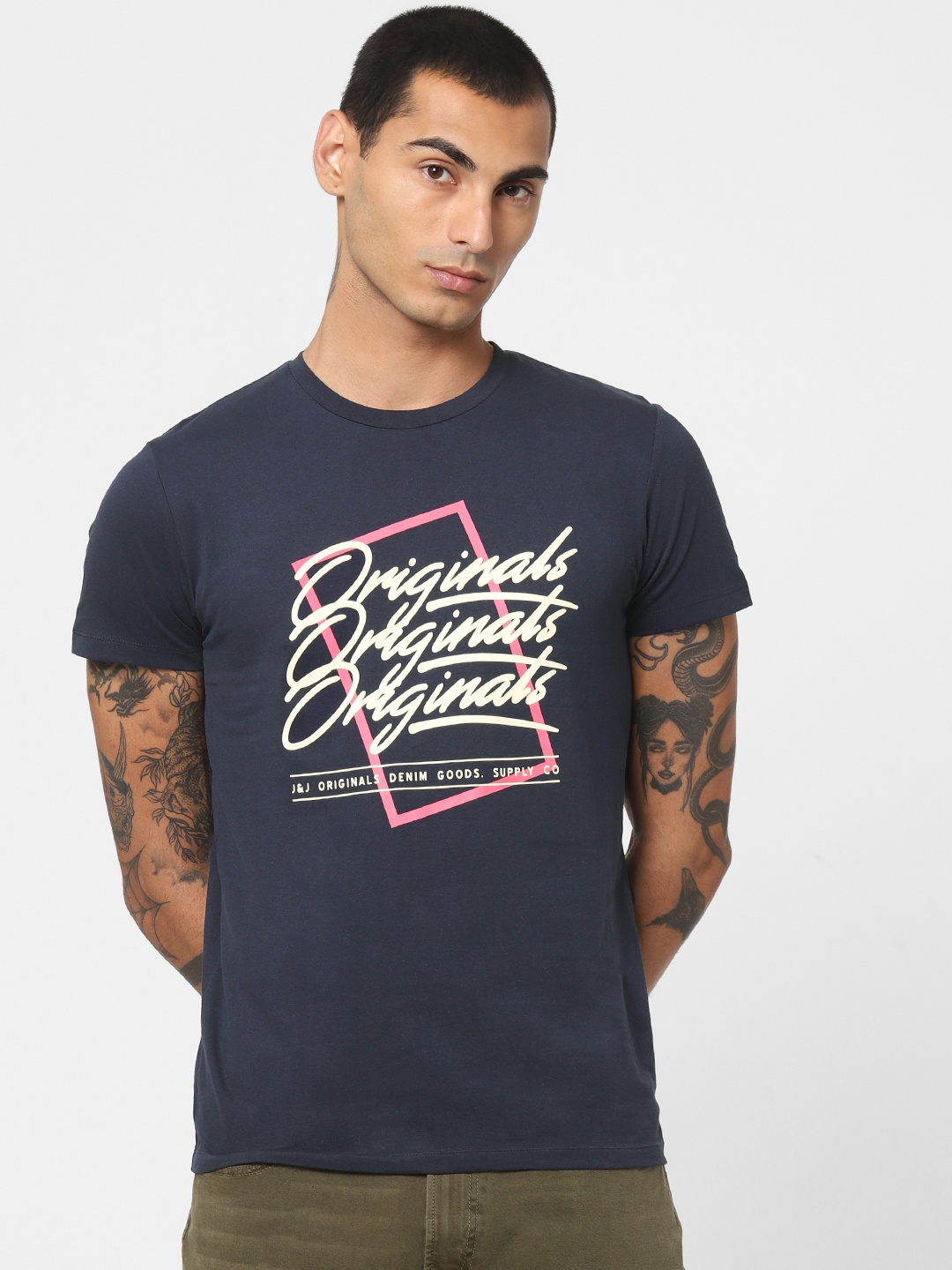 

Jack Jones Men Navy Blue Printed Slim Fit Round Neck Sustainable Pure Cotton T-shirt