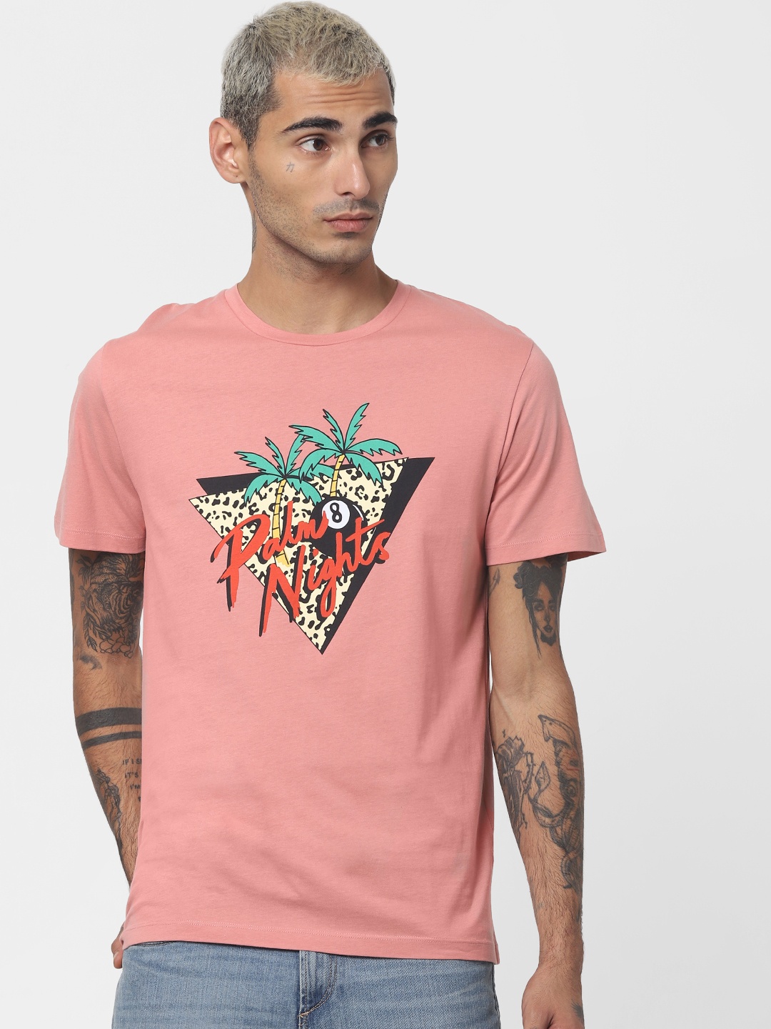 

Jack Jones Men Pink Slim Fit Printed Round Neck Sustainable Pure Cotton T-shirt
