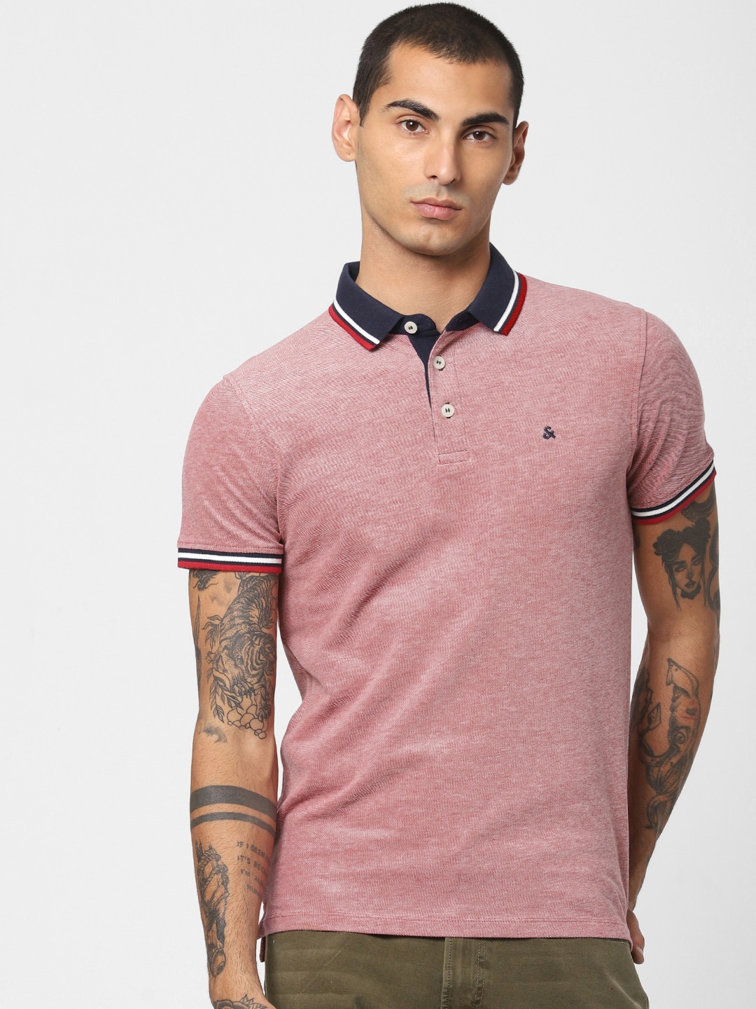 

Jack & Jones Men Pink Solid Slim Fit Polo Collar T-shirt