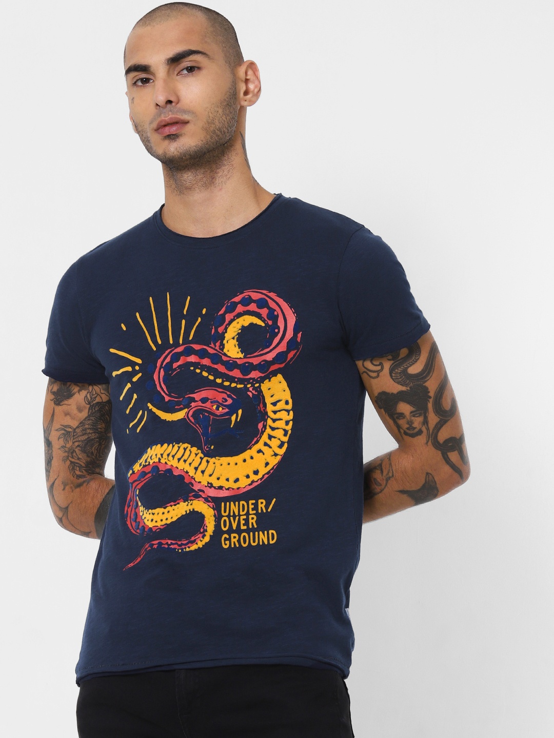 

Jack Jones Men Navy Blue Mustard Yellow Slim Printed Pure Cotton T-shirt With Velvet Detail