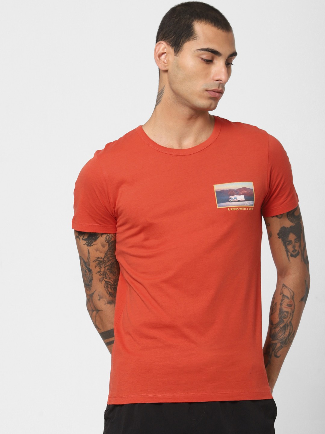 

Jack Jones Men Red Slim Fit Solid Round Neck Pure Cotton T-shirt with Printed Detail