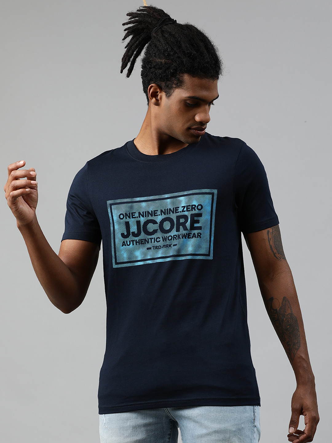 

Jack Jones Men Navy Blue Printed Round Neck Pure Cotton T-shirt