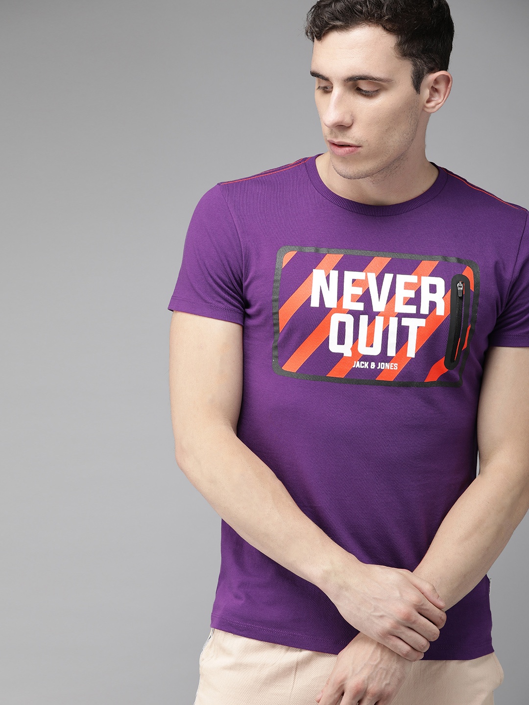 

Jack Jones Men Purple Slim Fit Printed Round Neck Pure Cotton T-shirt