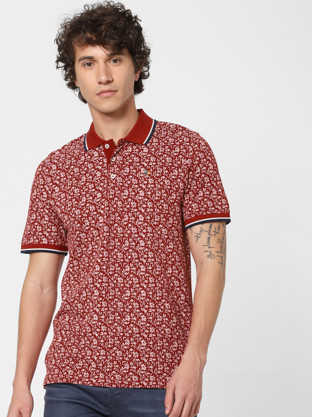 

Jack & Jones Men Red & White Printed Polo Collar T-shirt