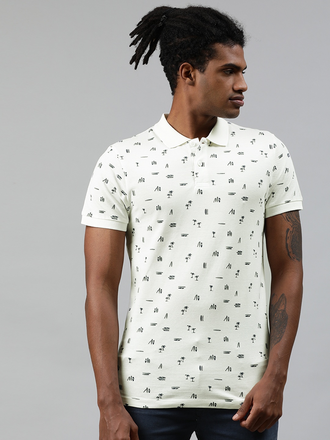 

Jack Jones Men White Green Printed Polo Collar Pure Cotton T-shirt