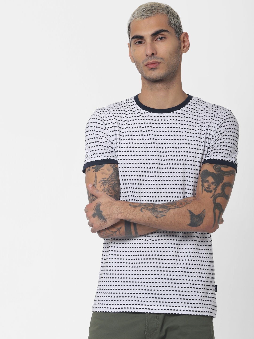 

Jack Jones Men White Self Design Slim Fit Round Neck Pure Cotton T-shirt