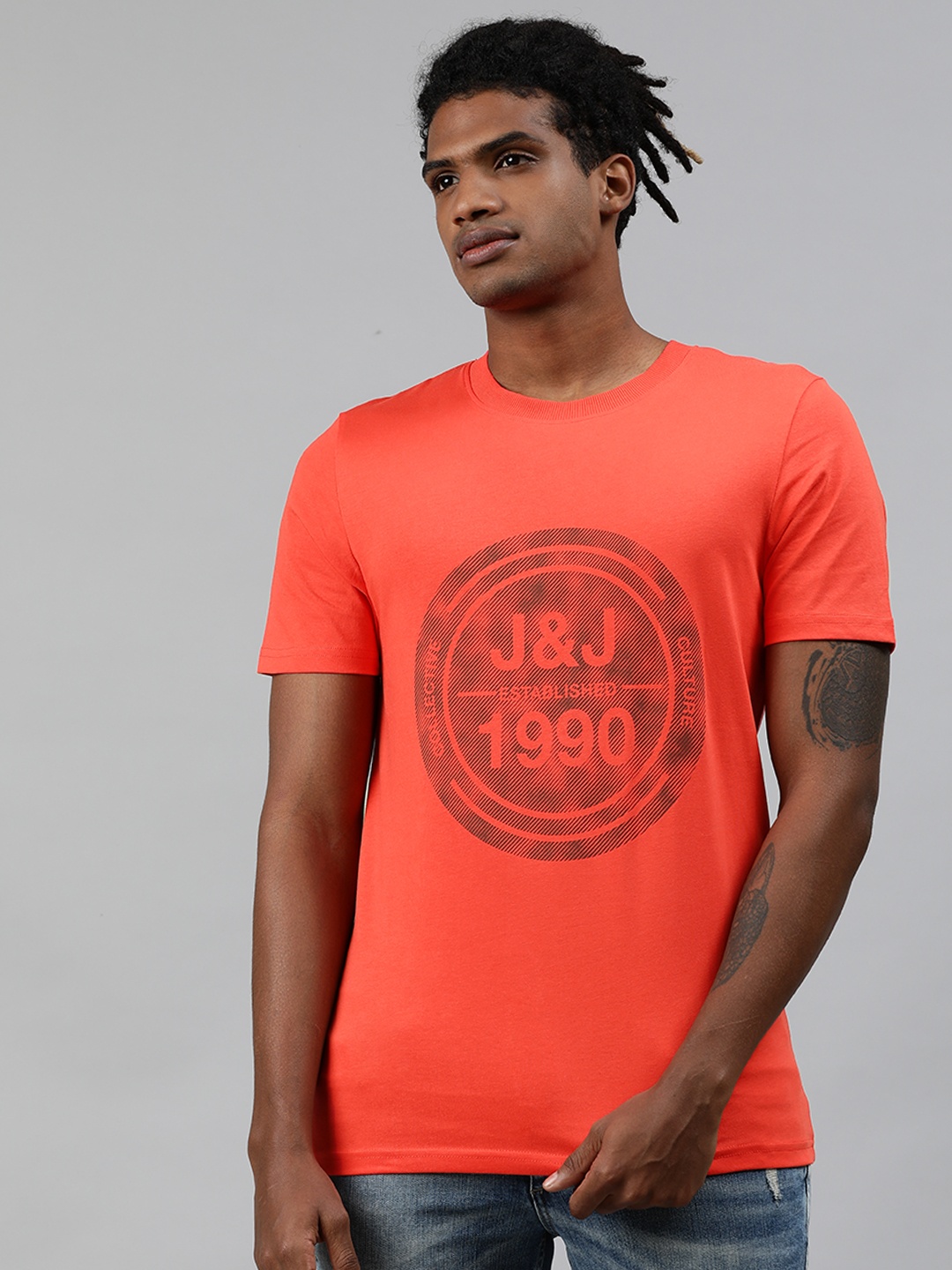 

Jack Jones Men Red Printed Round Neck Pure Cotton T-shirt