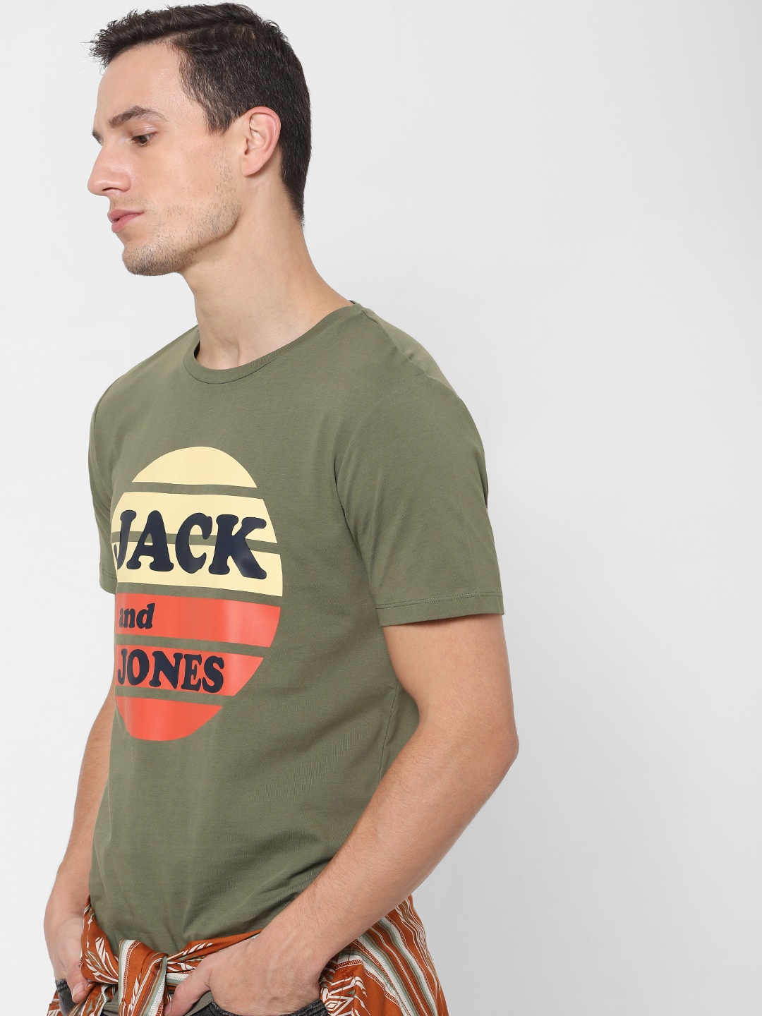 

Jack Jones Men Olive Green Slim Fit Printed Round Neck Sustainable Pure Cotton T-shirt