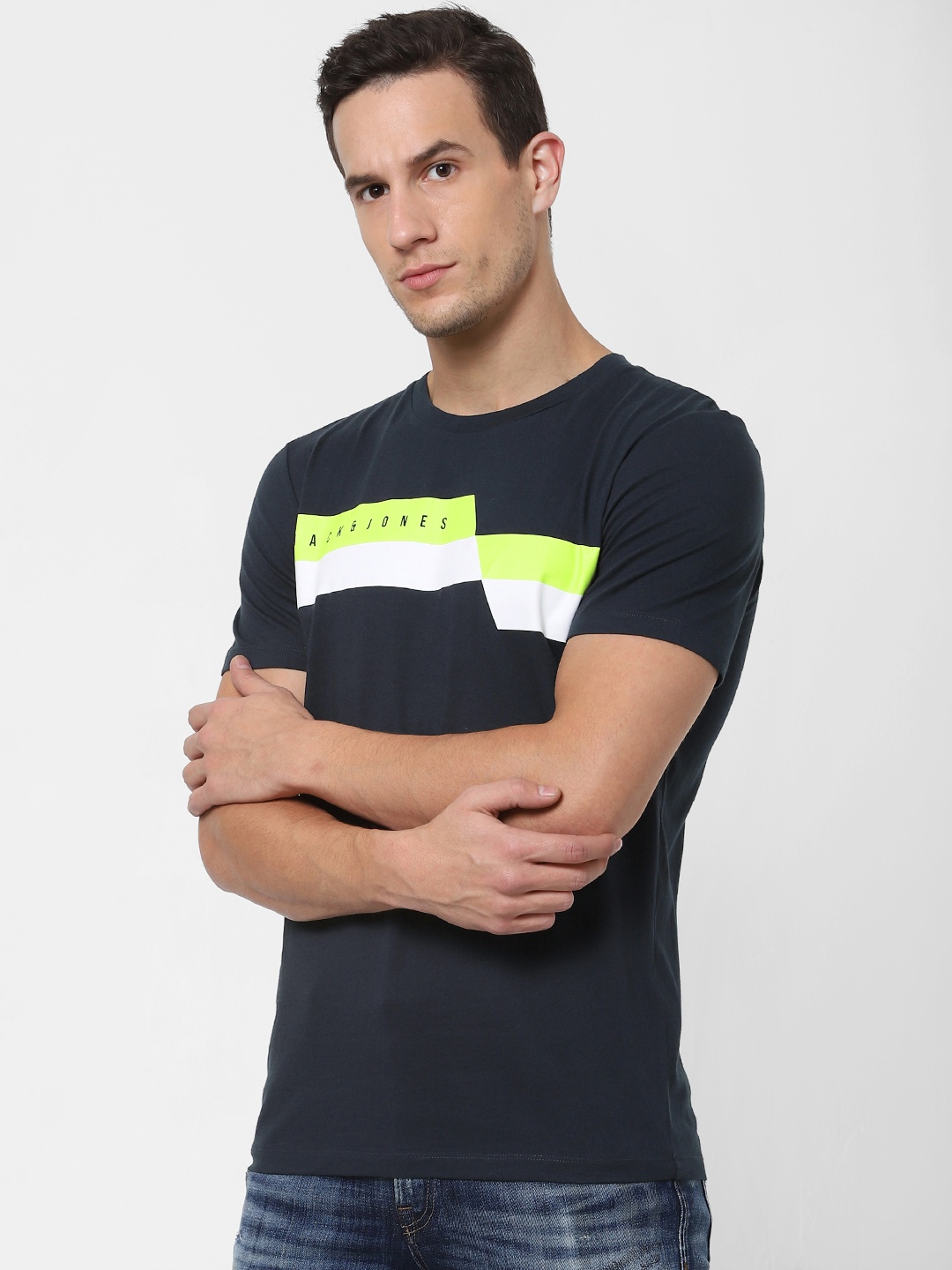 

Jack Jones Men Navy Blue Slim Fit Printed Round Neck Sustainable Pure Cotton T-shirt