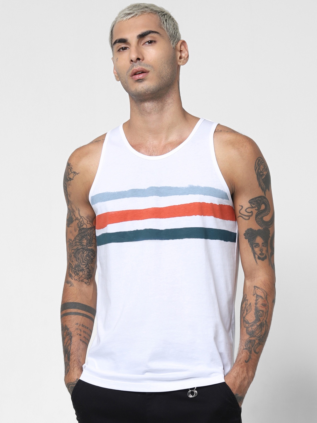 

Jack Jones Men White Slim Fit Striped Round Neck Sustainable Pure Cotton T-shirt