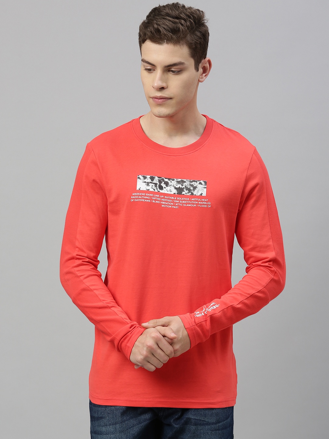 

Jack & Jones Men Coral Red Printed Slim Fit Round Neck T-shirt