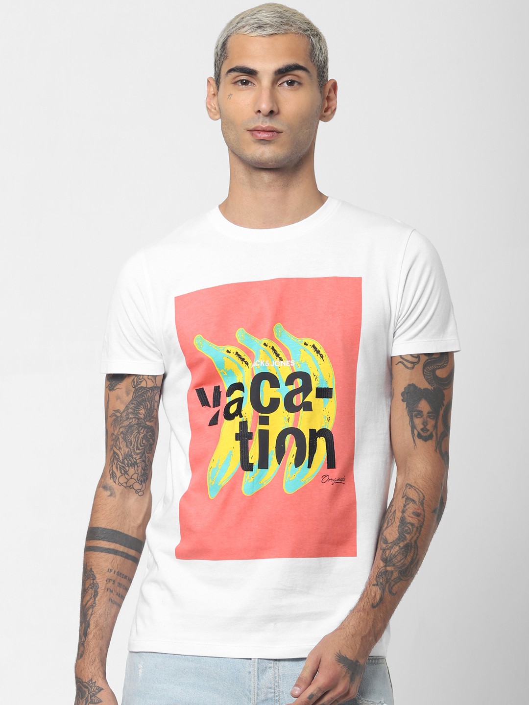 

Jack Jones Men White Printed Slim Fit Round Neck Sustainable Pure Cotton T-shirt