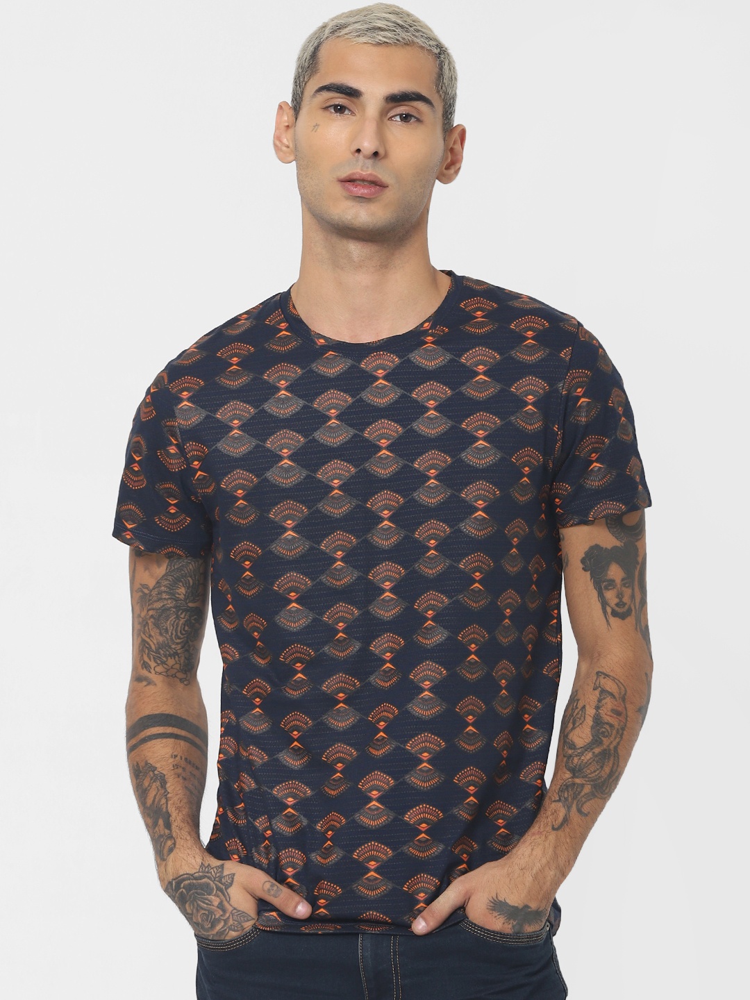 

Jack Jones Men Navy Blue Orange Slim Fit Printed Round Neck Sustainable Pure Cotton T-shirt