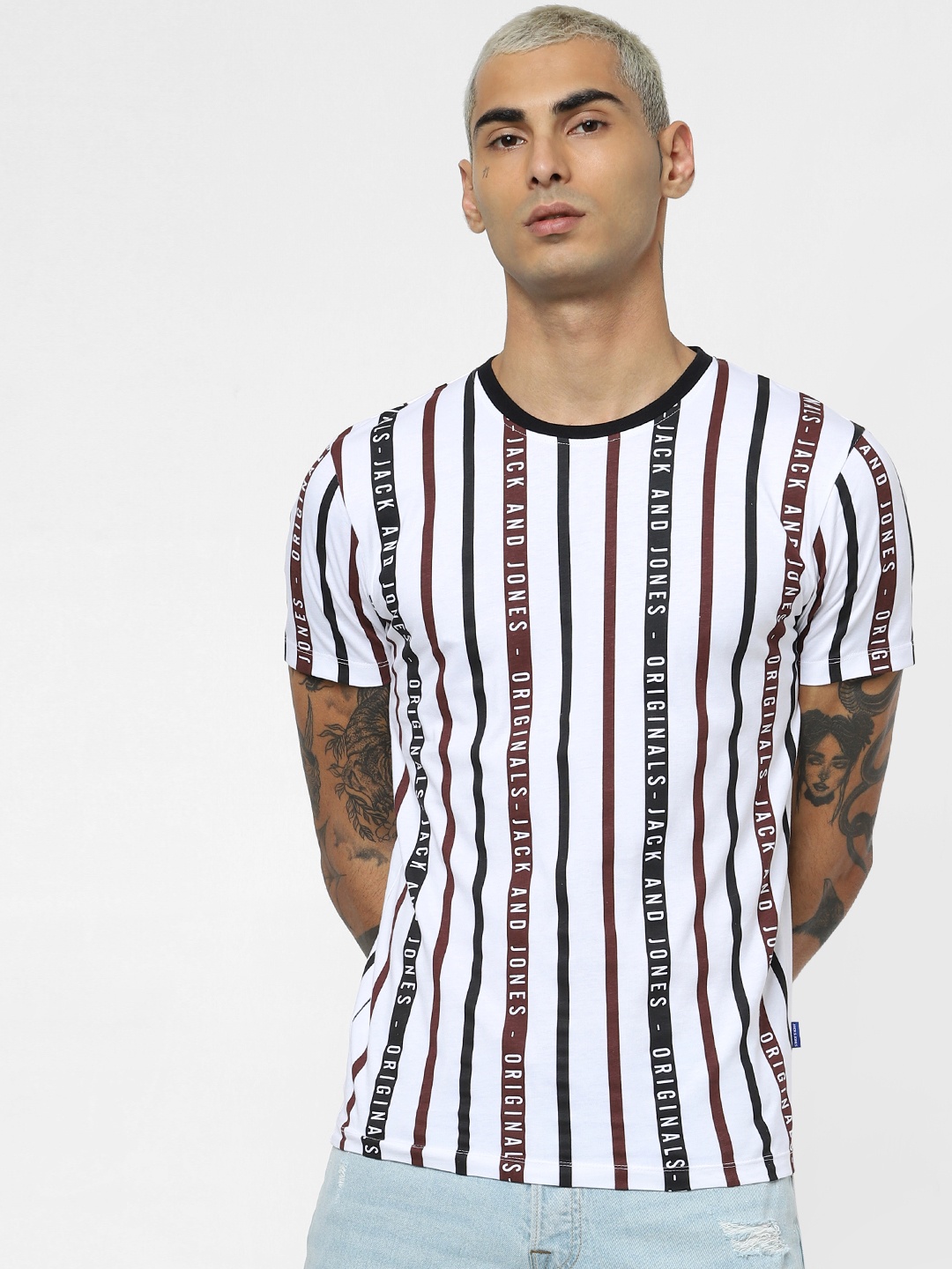 

Jack Jones Men White Striped Slim Fit Round Neck Pure Cotton T-shirt