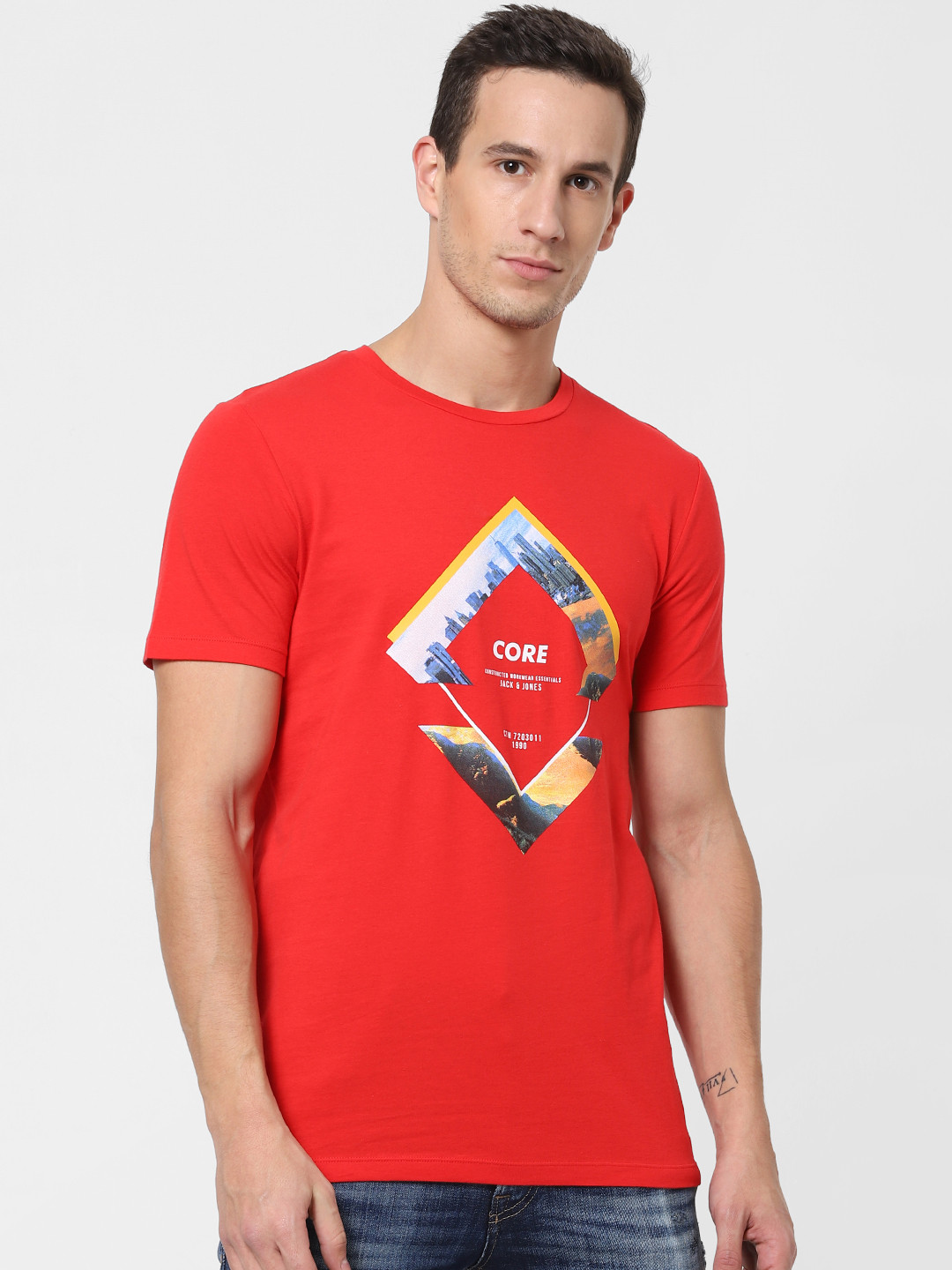 

Jack Jones Men Red Slim Fit Printed Round Neck Sustainable Pure Cotton T-shirt