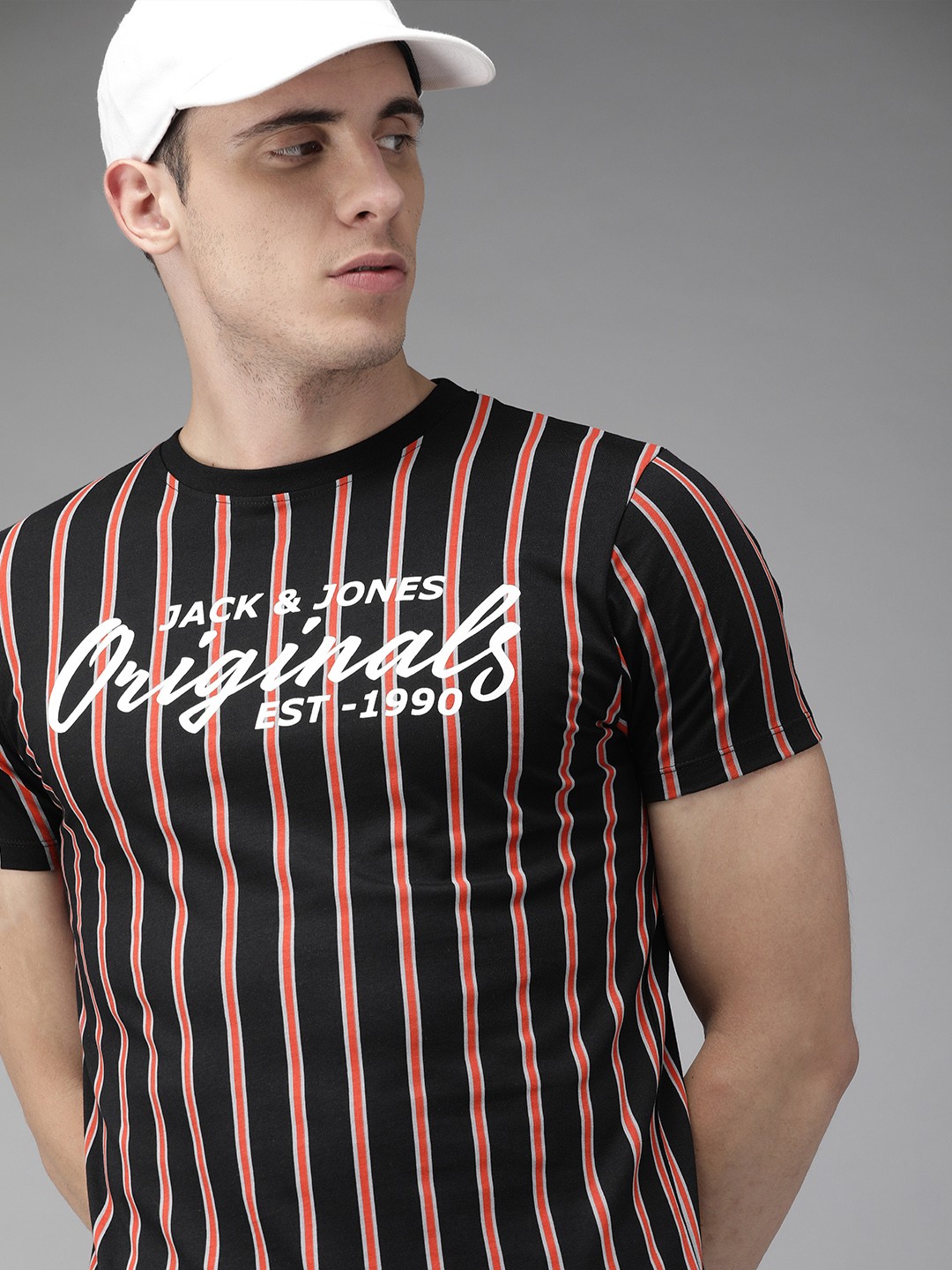 

Jack Jones Men Black Red Slim Fit Striped Round Neck Pure Cotton T-shirt