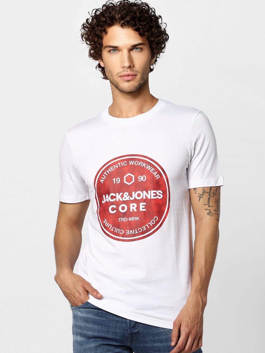 

Jack Jones Men White Printed Slim Fit Round Neck Sustainable Pure Cotton T-shirt