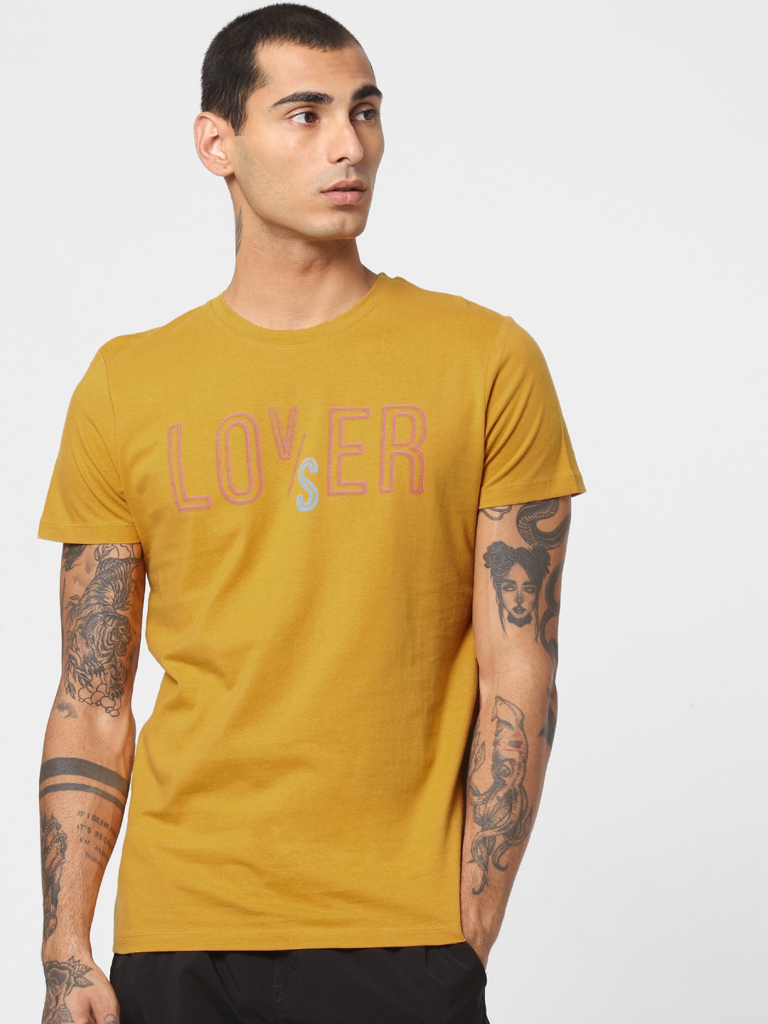 

Jack Jones Men Mustard Yellow Slim Fit Printed Round Neck Pure Cotton T-shirt