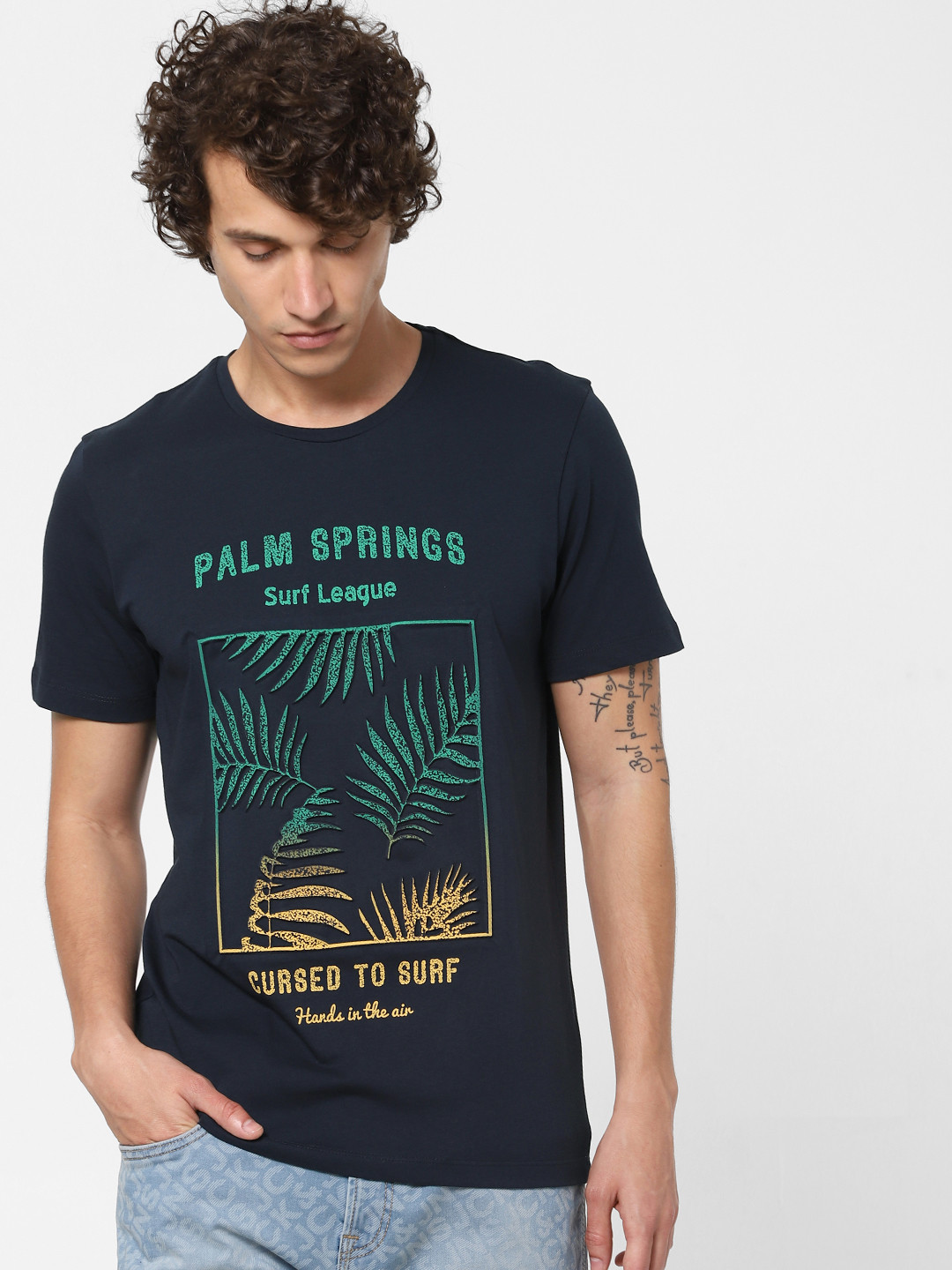 

Jack Jones Men Navy Blue Slim Fit Printed Round Neck Pure Cotton T-shirt
