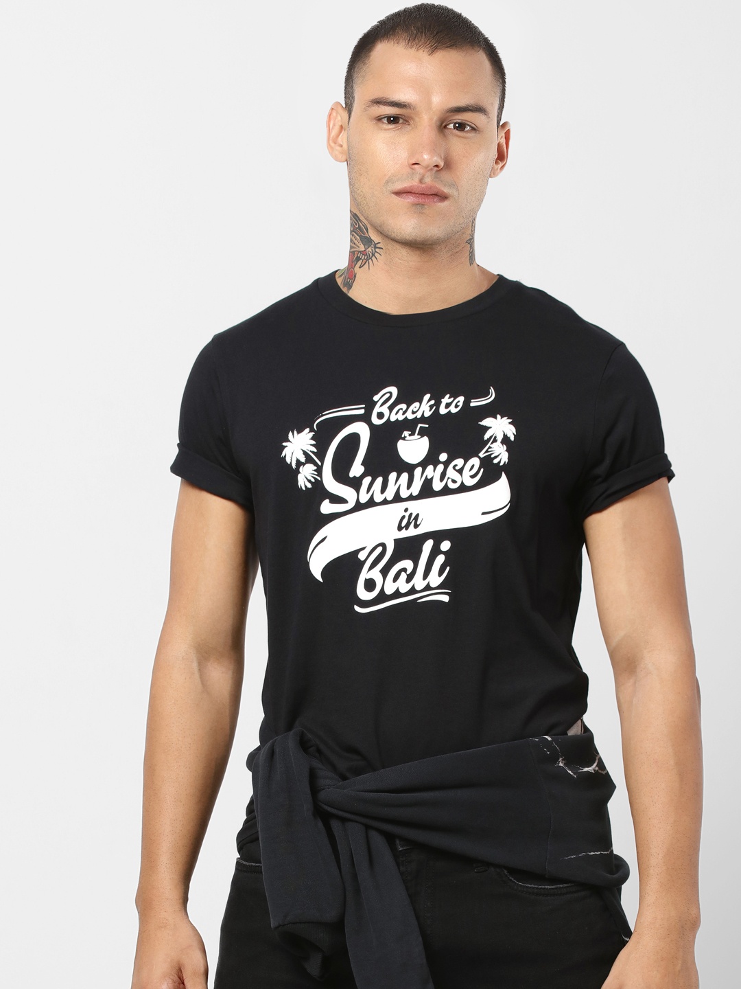 

Jack Jones Men Black Printed Round Neck Pure Cotton T-shirt