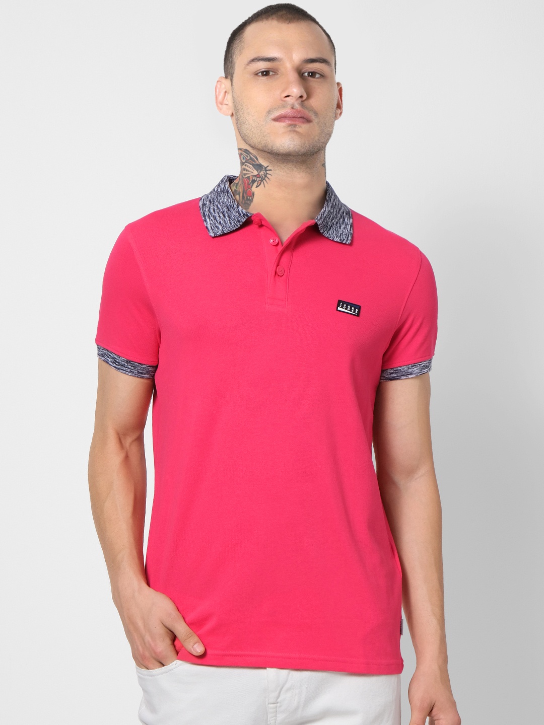 

Jack Jones Men Pink Slim Fit Solid Polo Collar Pure Cotton T-shirt