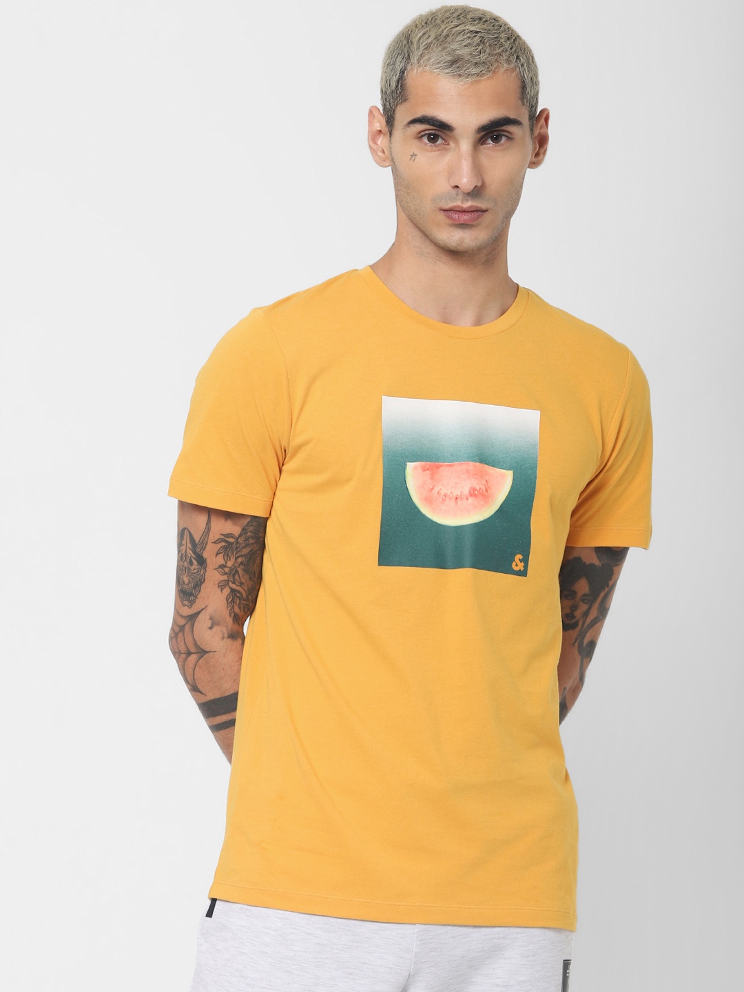 

Jack Jones Men Mustard Yellow Slim Fit Graphic Printed Round Neck Sustainable Pure Cotton T-shirt