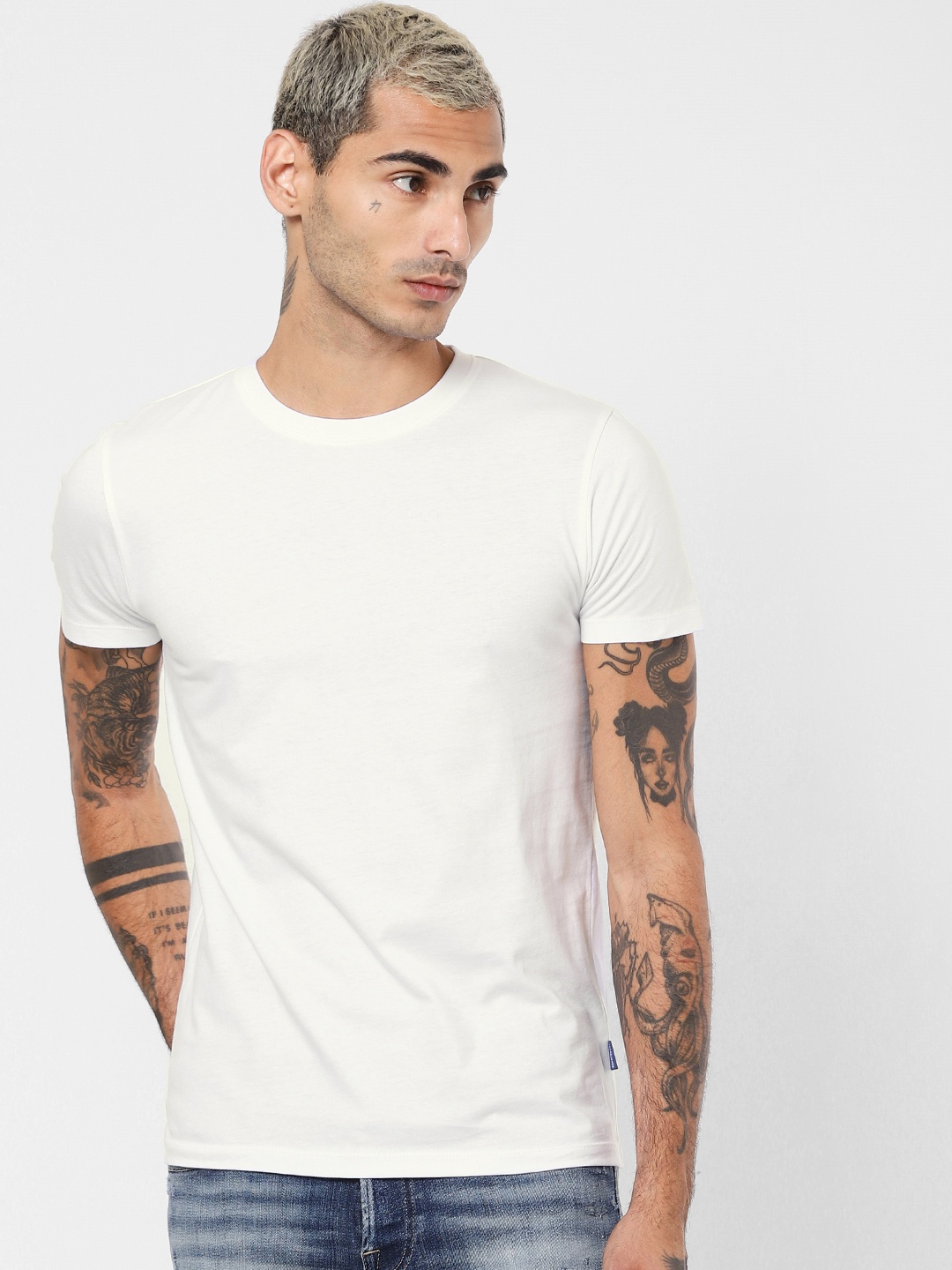 

Jack Jones Men White Back Printed Round Neck Sustainable Pure Cotton T-shirt