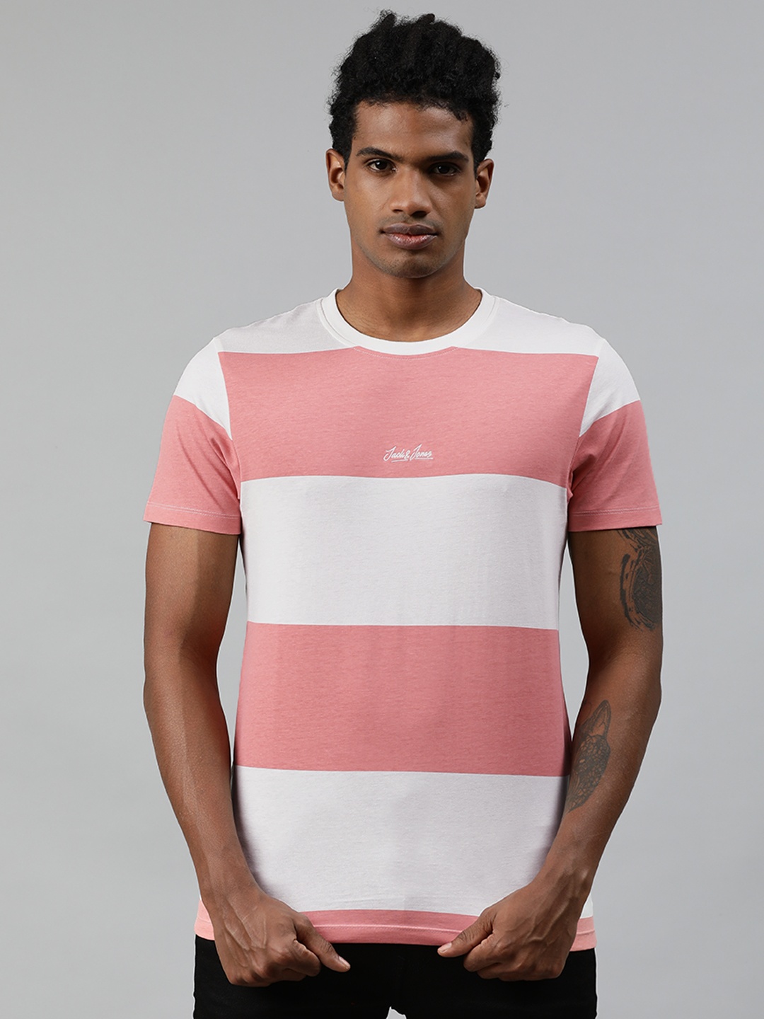 

Jack & Jones Men Coral Pink & White Striped Round Neck T-shirt