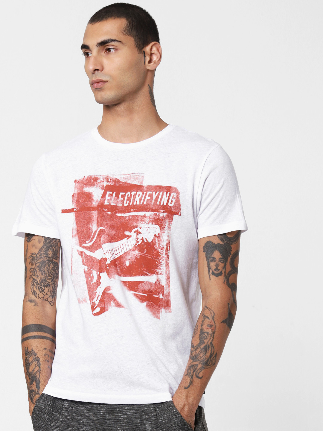 

Jack & Jones Men White Slim Fit Printed Round Neck T-shirt