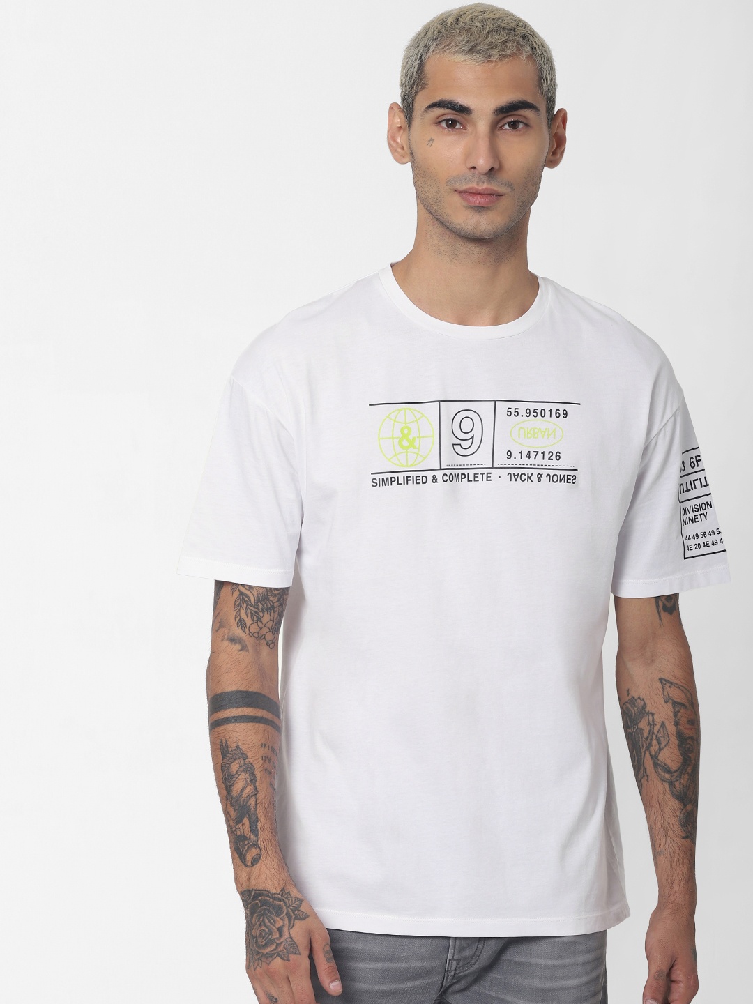

Jack Jones Men White Printed Round Neck Box Fit Sustainable Pure Cotton T-shirt